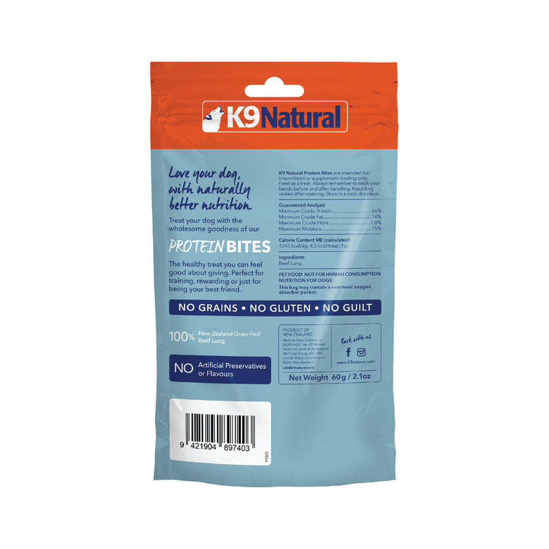 K9 Natural: Air-Dried Dog Treat Protein Bites, Beef Lung 60g
