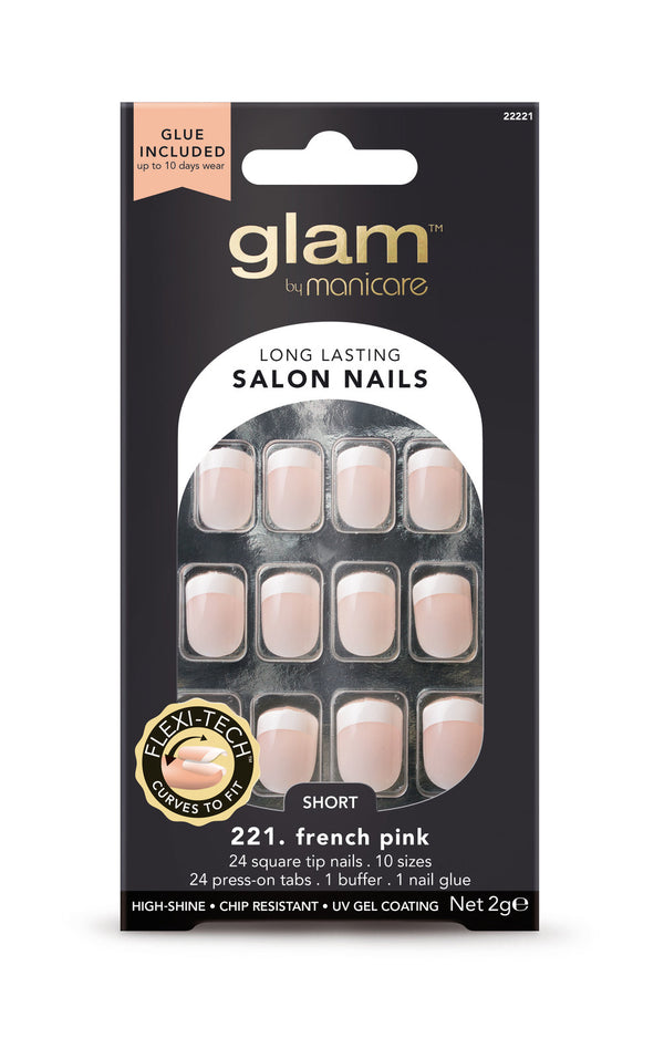 Glam by Manicare: French Pink Short Square Glue-On Nails