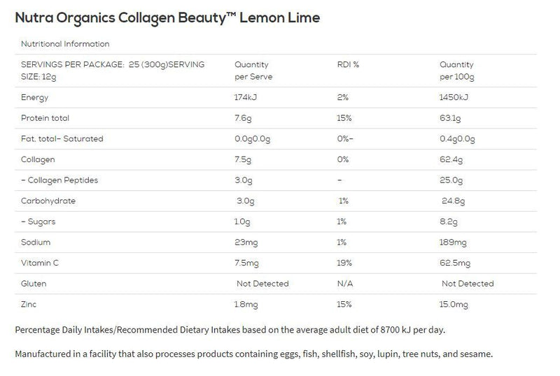 Nutra Organics: Collagen Beauty with Verisol+C - Lemon Lime (300g)