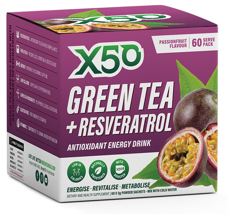 X50: Green Tea + Resveratrol - Passionfruit (60 Sachets)