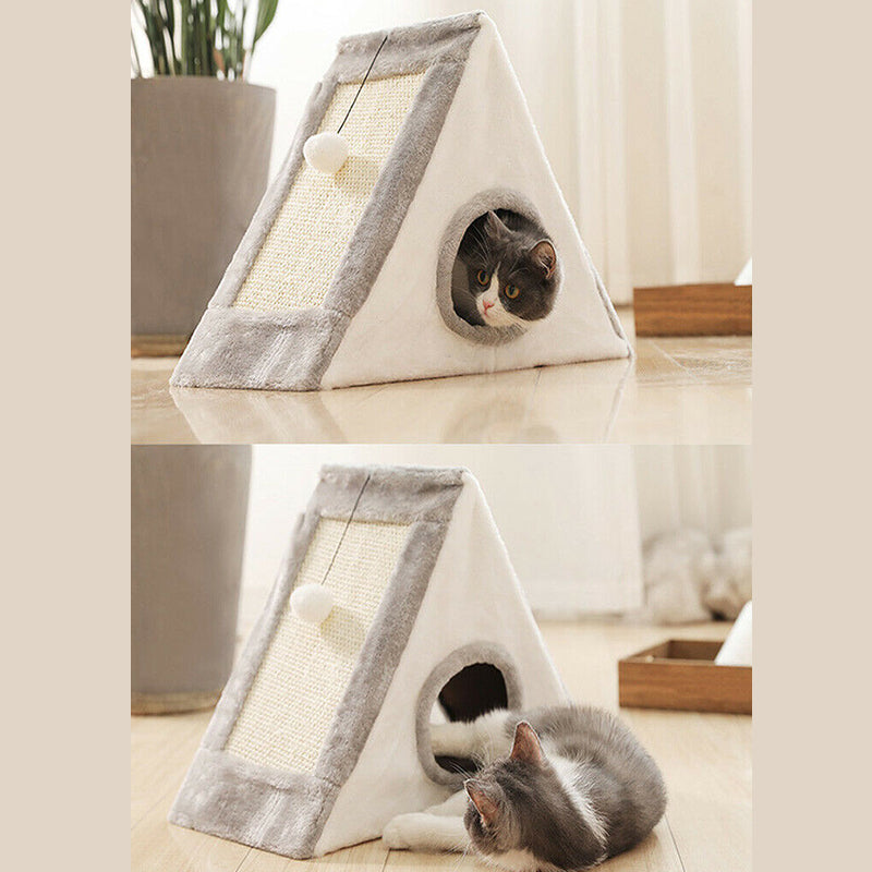 Foldable Triangular Cat Bed with Scratching Surfaces - Large (Grey)