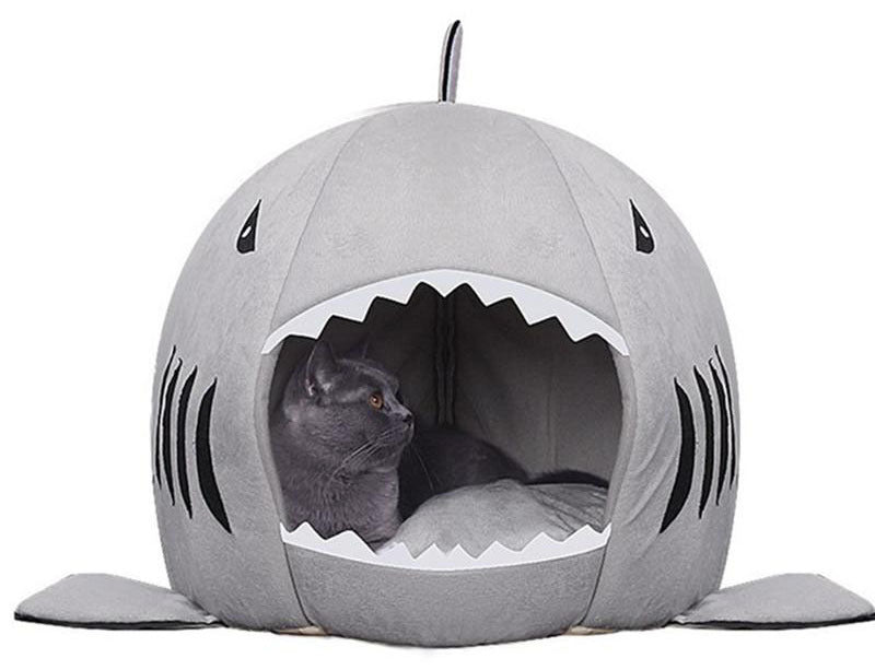 2 in1 Shark-Shaped House Warm Pet Bed - Medium (Grey)
