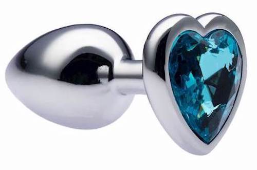 Kink Range: Alloy Love Heart Gemmed Butt Plug - Light Blue (2.7 Inch)