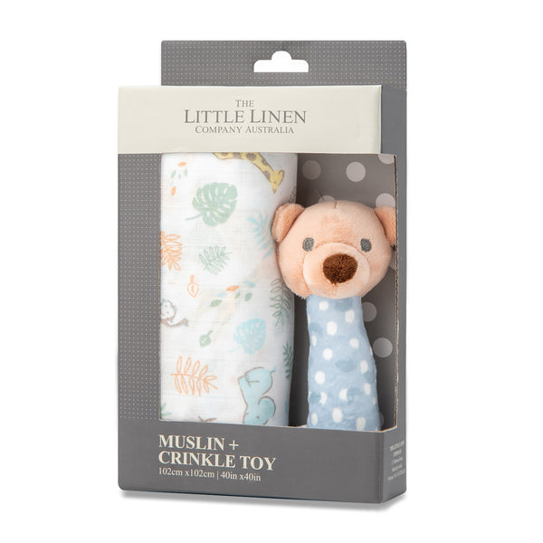 Little Linen: Muslin Wrap & Crinkle Toy - Safari Bear