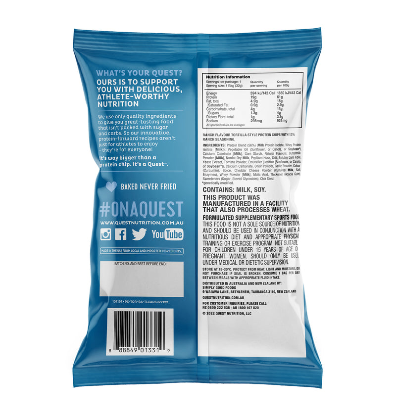 Quest Protein Tortilla Chips - Ranch x 8 Bags