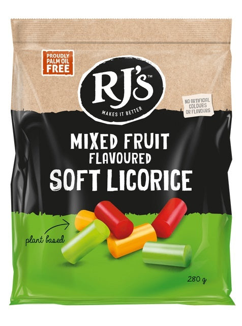 RJ's Mixed Fruit Flavoured Soft Licorice 280g (12 Pack)