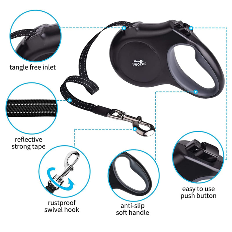TwoEar: Retractable Dog Leash with Dispenser and Poop Bags - Black (Large)