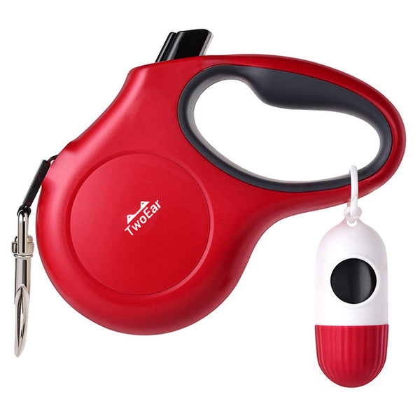 TwoEar: Retractable Dog Leash with Dispenser and Poop Bags - Red (Large)