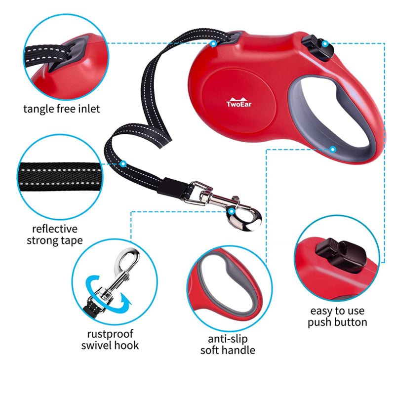 TwoEar: Retractable Dog Leash with Dispenser and Poop Bags - Red (Medium)