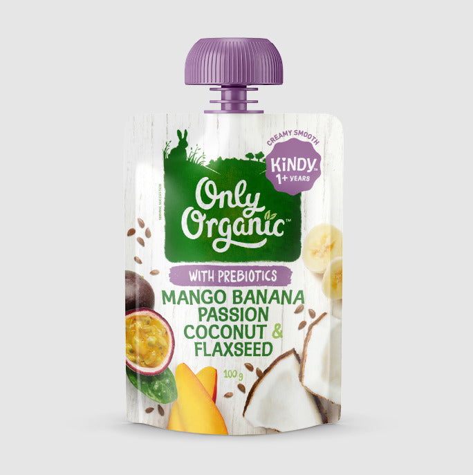 Only Organic: Kindy Mango, Passion, Coconut & Flax Seed Pouch (6 x 100g)