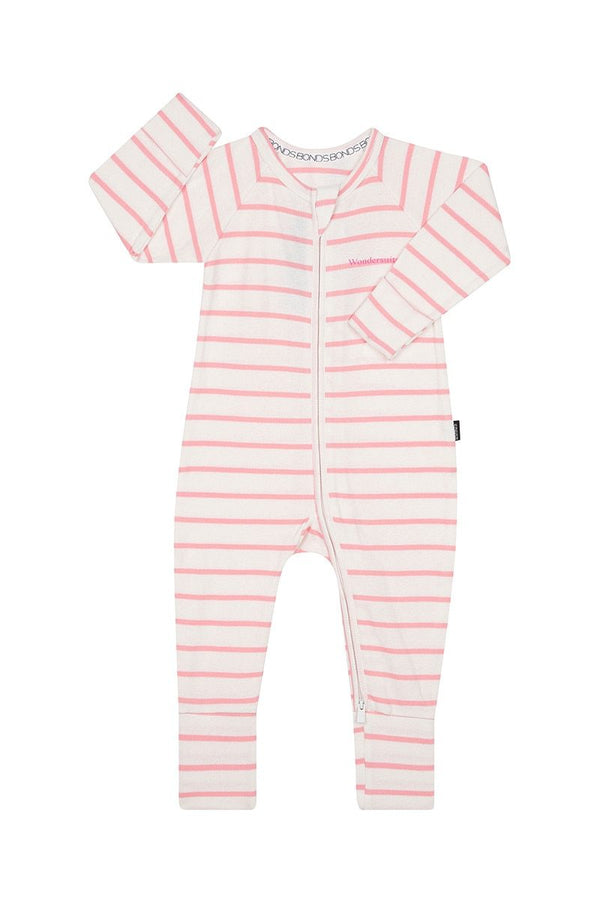 Bonds: Ribbed Zip Wondersuit - Pink Striped (Size 000)