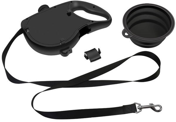 PETSWOL 3-in-1 Dog Leash with Water Bottle & Foldable Bowl - Black