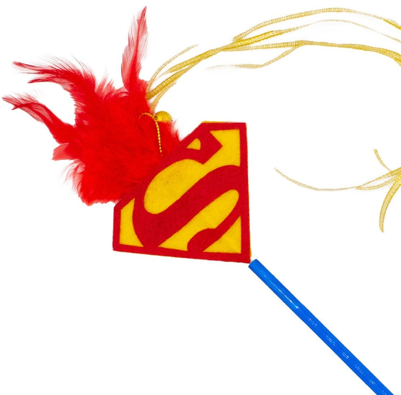 DC Comics: Superman Cat Toy Wand - Shield Logo with Feather & Ribbons