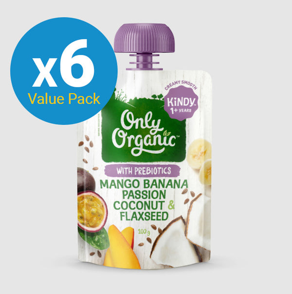 Only Organic: Kindy Mango, Passion, Coconut & Flax Seed Pouch (6 x 100g)
