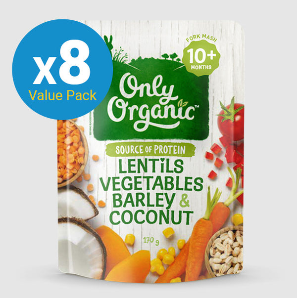Only Organic: Lentils, Vegetables, Barley & Coconut Pouch (8 x 170g)