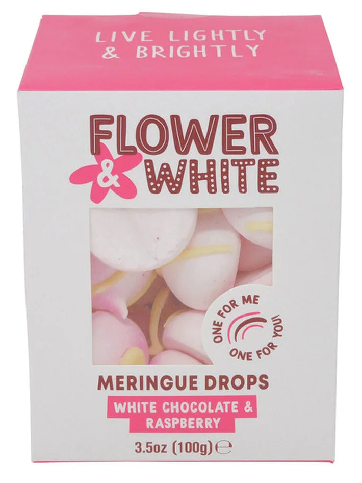Flower And White: White Chocolate and Raspberry Meringue Drops - 100g