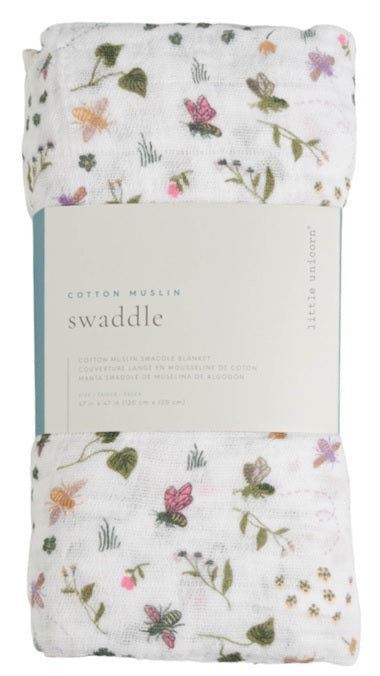 Little Unicorn: Single Cotton Muslin Swaddle - Garden Bees