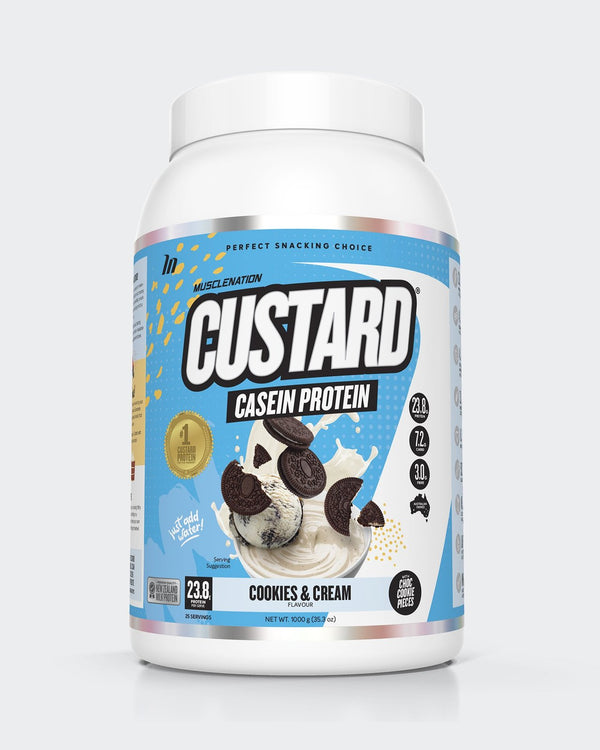 Muscle Nation Custard Casein Protein - Cookies & Cream w/ Real Cookie Pieces