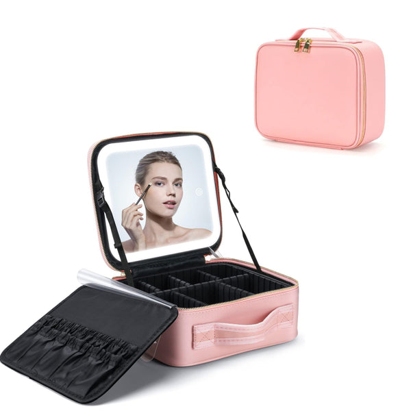 STORFEX Travel Makeup Bag with Light Up Mirror - Pink