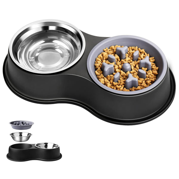 PETSWOL Dog Water and Food Bowls with Slow Feeder - Black