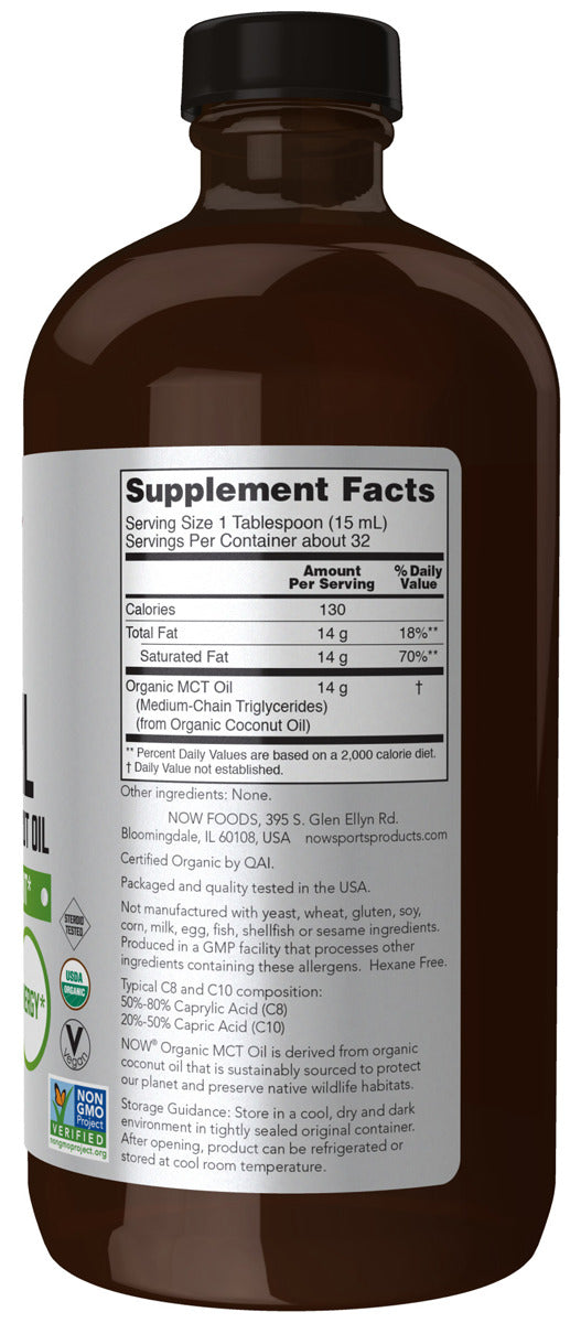 Now Foods: Organic MCT Oil Derived from Coconut Oil, Pure & Unflavored 473ml