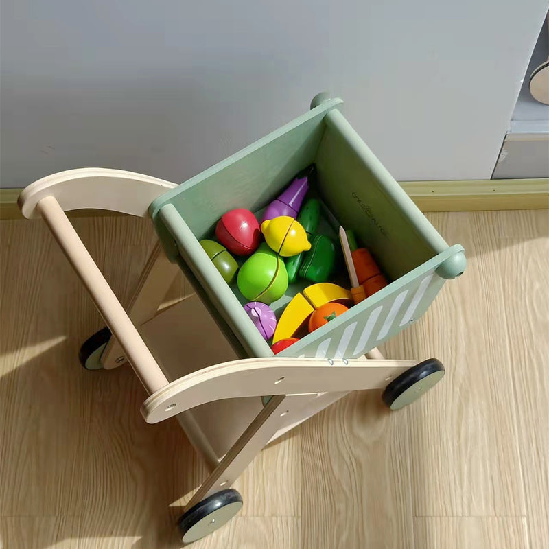 Baby Wooden Shopping Trolley With Storage Basket and Walker