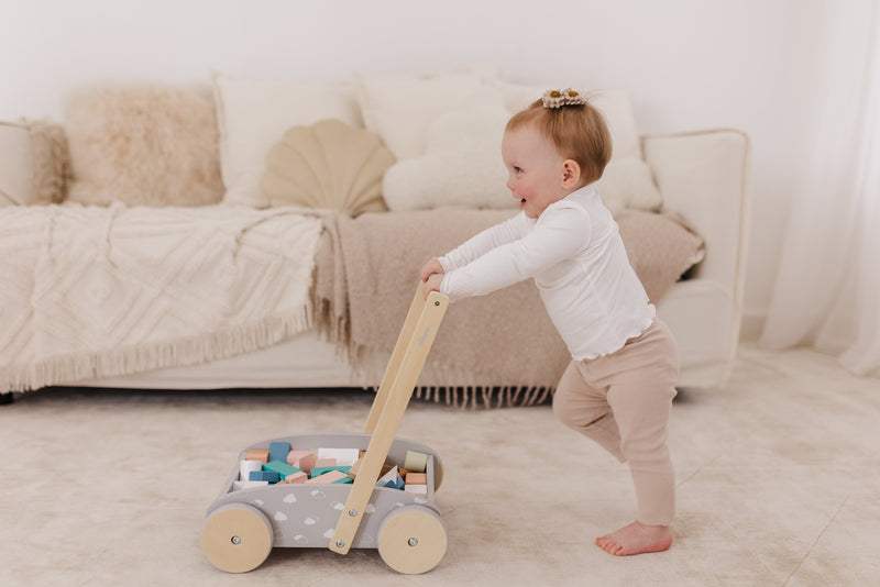 Bubble: Wooden Baby Push Cart & Walker with 46 Building Blocks