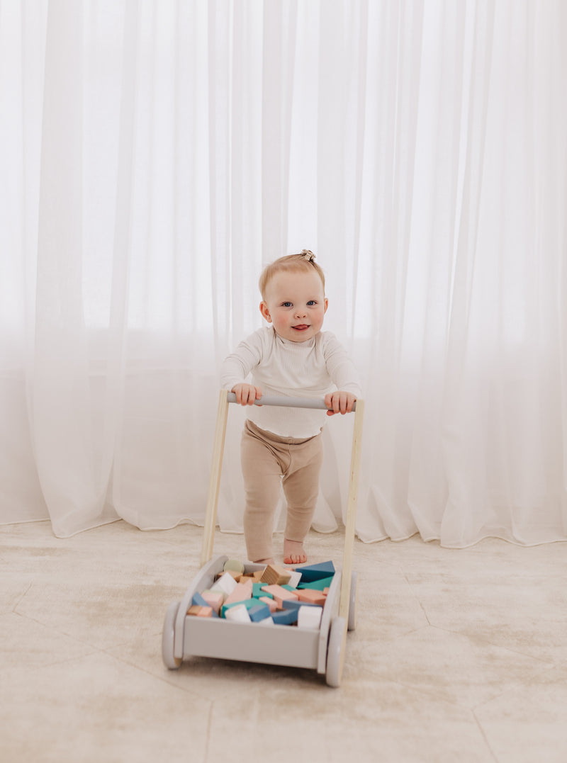 Bubble: Wooden Baby Push Cart & Walker with 46 Building Blocks