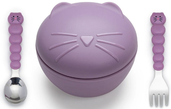 Melii: Silicone Animal Bowl with Lid & Utensils - Cat