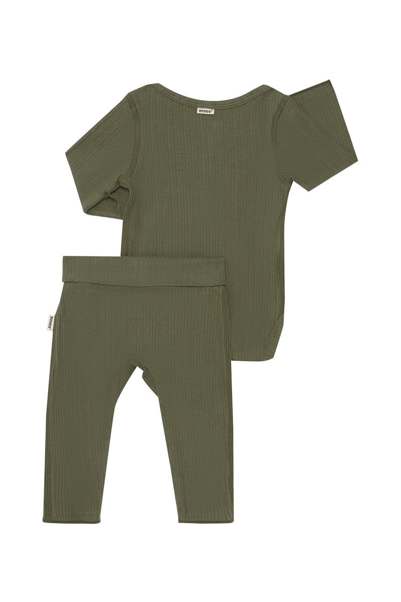 Bonds: Pointelle Long Sleeve Bodysuit And Legging Set - Hiker Green (Size 0000)