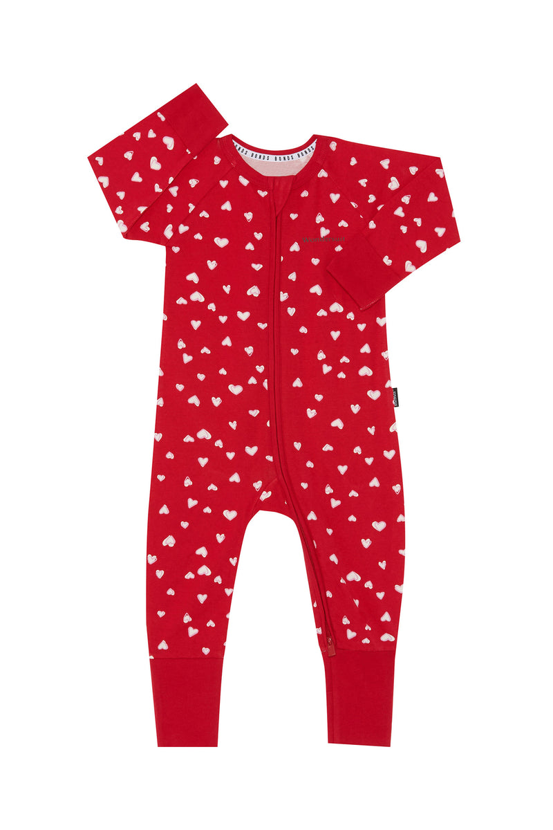 Bonds: Long Sleeve Zip Wondersuit - Red Love Hearts (Size 00)