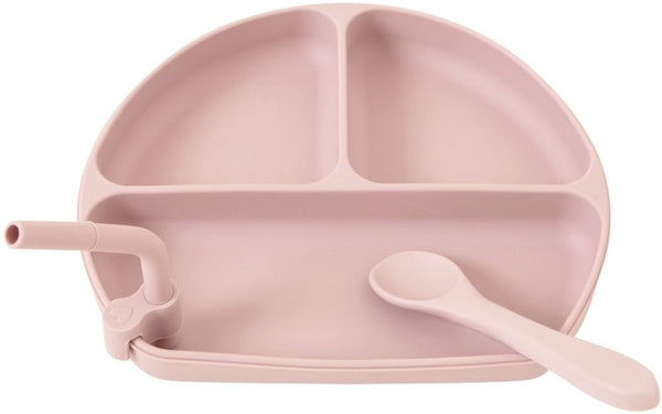All4Ella: Silicone Plate with Straw & Spoon - Dusty Pink