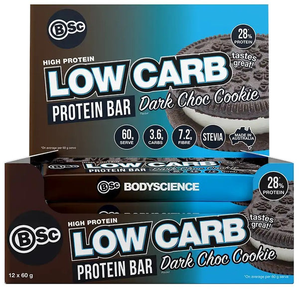 BSc Bodyscience High Protein Low Carb Bar -12x 60g Dark Choc Cookie