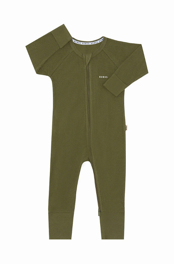 Bonds: Long Sleeve Waffle Zip Wondersuit - Hiker Green (Size 00)