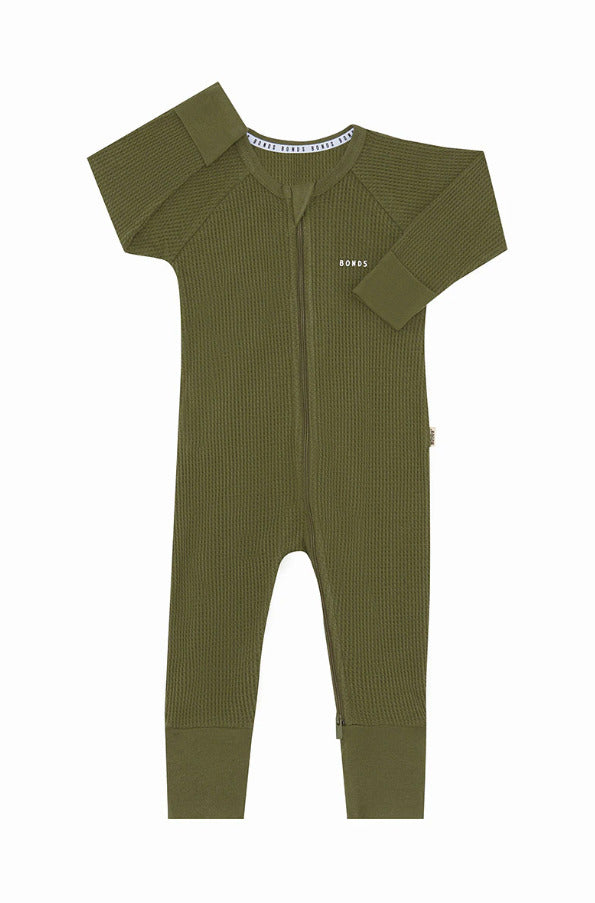 Bonds: Long Sleeve Waffle Zip Wondersuit - Hiker Green (Size 1)