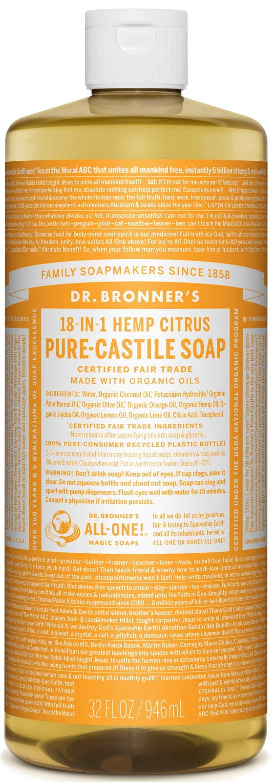 Dr Bronners: Liquid Soap - Citrus Orange (946ml)