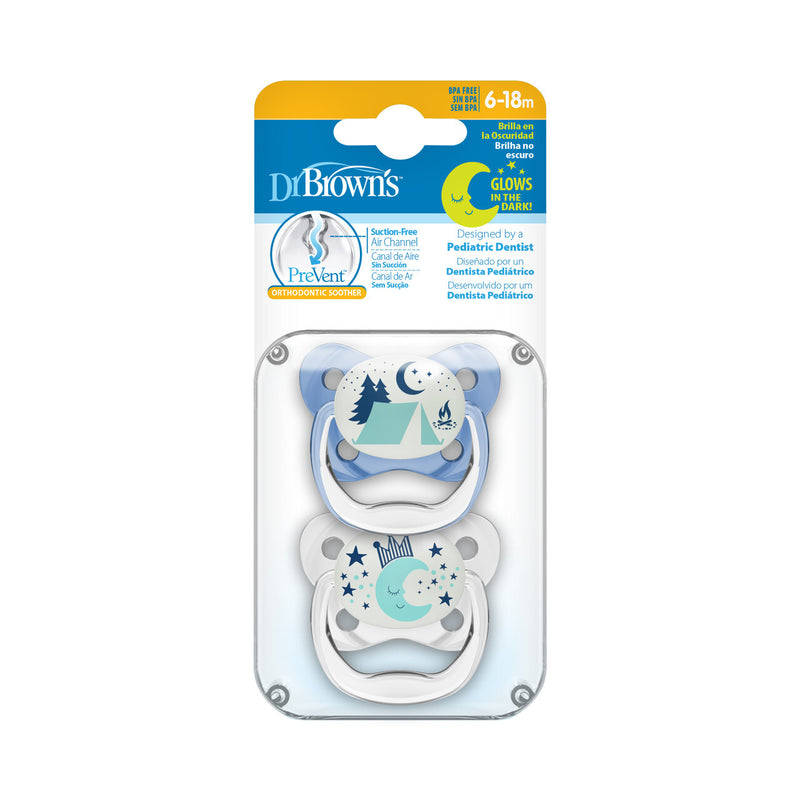 Dr Brown's: PreVent Glow In The Dark Butterfly Soother - Blue Camp/Moon 2 Pack (6-18 Months) (6-12 Months)