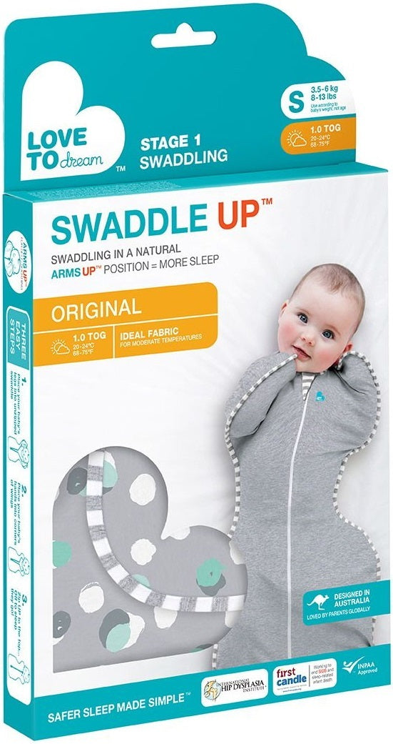 Love to Dream: Swaddle UP Original 1.0 TOG - Polka Dot Grey (Small) (Suitable for 3.5-6kg)