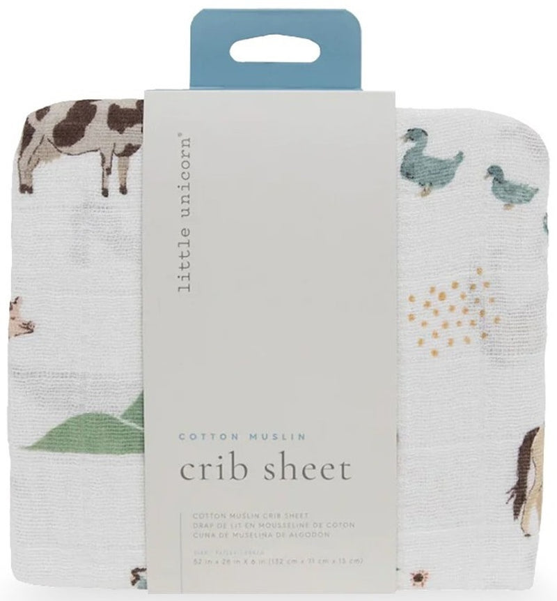 Little Unicorn: Muslin Fitted Cot Sheet - Farmyard