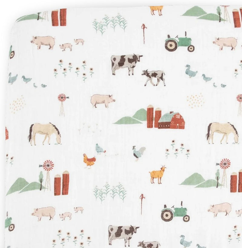 Little Unicorn: Muslin Fitted Cot Sheet - Farmyard