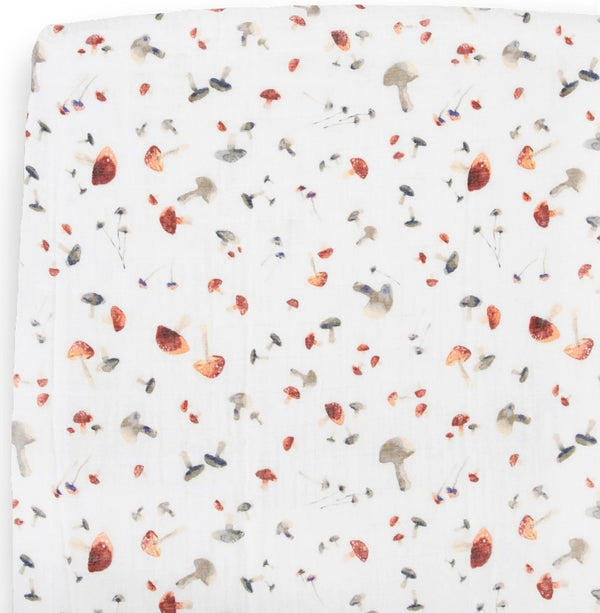 Little Unicorn: Muslin Fitted Cot Sheet - Mushrooms