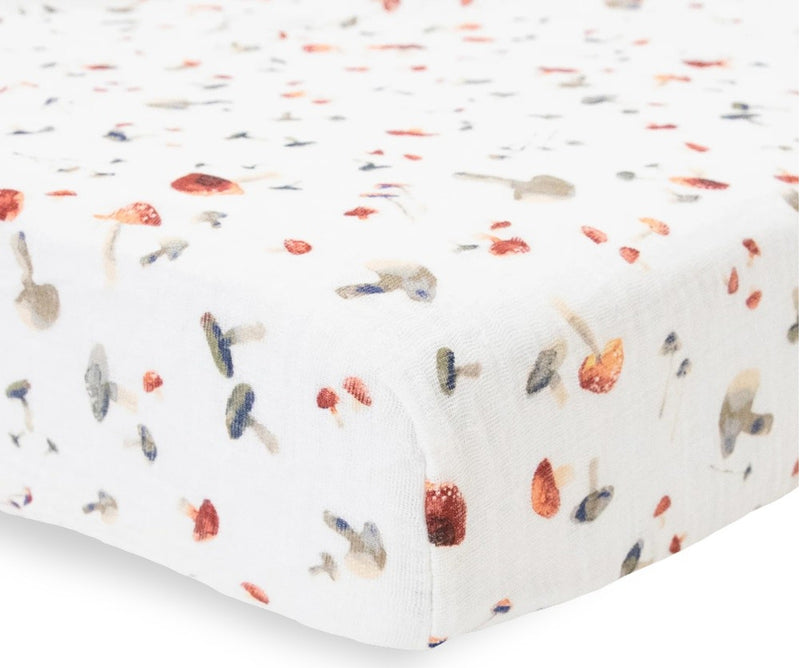 Little Unicorn: Muslin Fitted Cot Sheet - Mushrooms