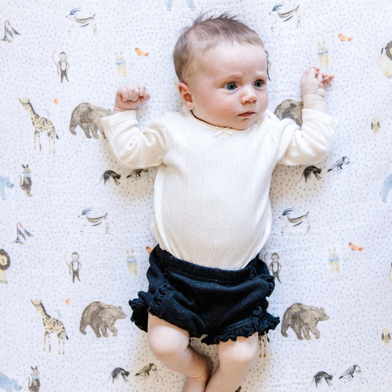 Little Unicorn: Muslin Fitted Cot Sheet - Party Animals