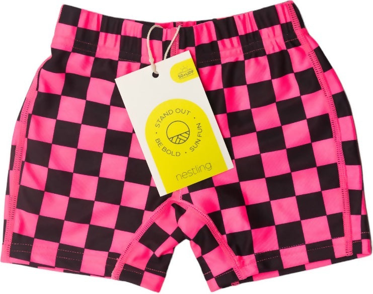 Nestling: Swim Shorts - Neon Pink Check (1-2 years)