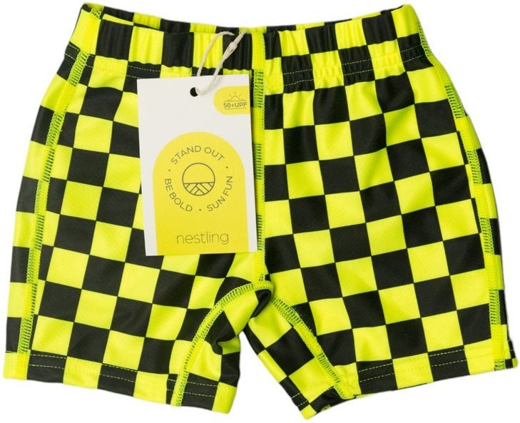 Nestling: Swim Shorts - Neon Yellow Check (1-2 years)