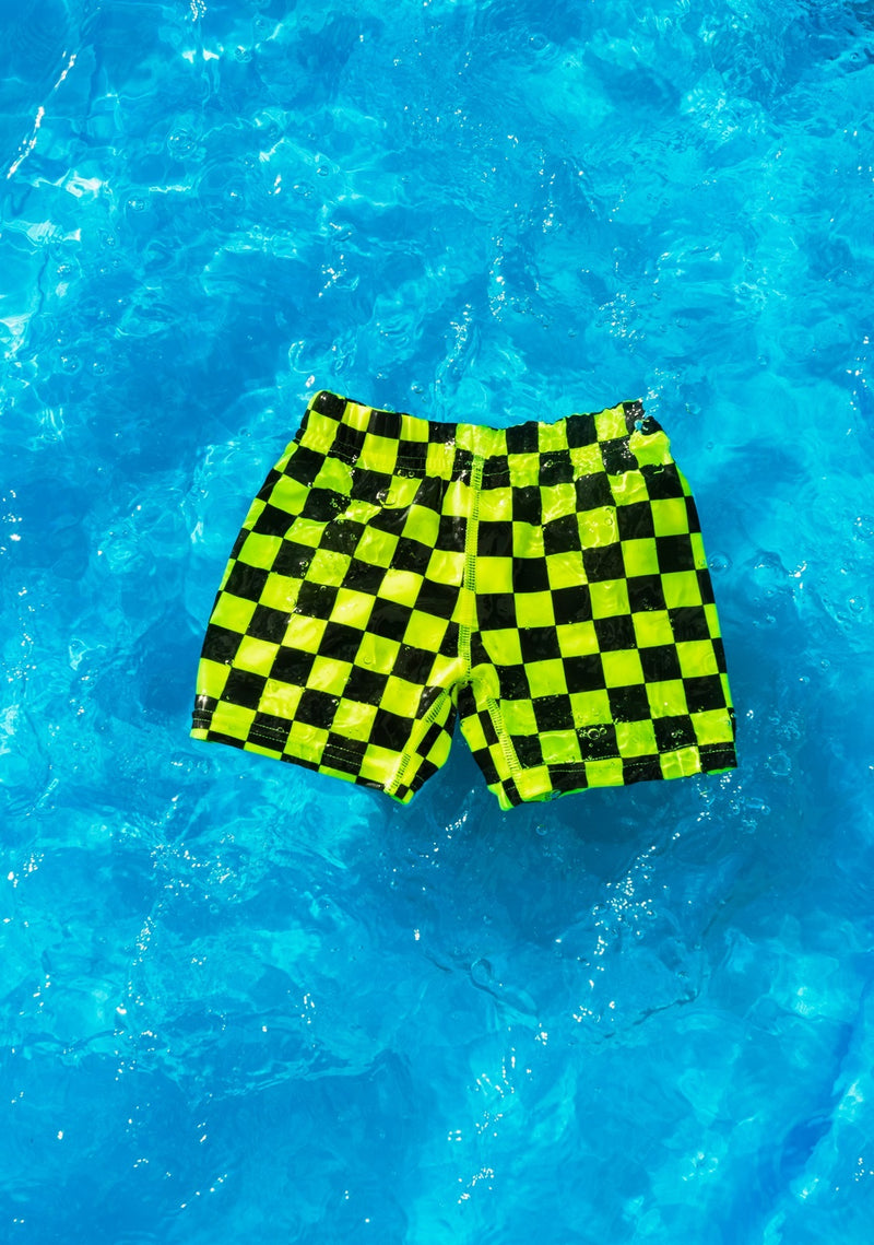 Nestling: Swim Shorts - Neon Yellow Check (1-2 years)