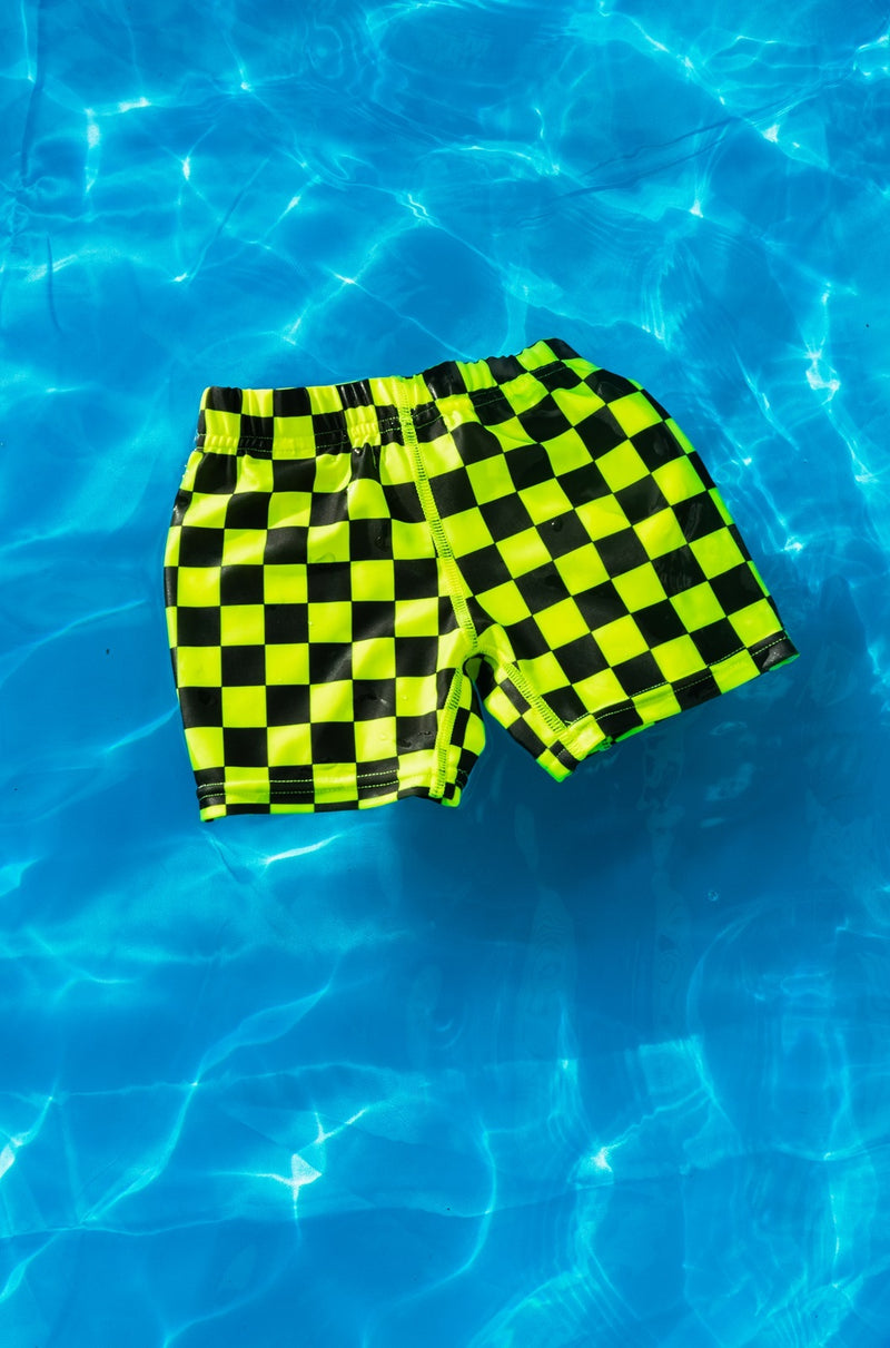 Nestling: Swim Shorts - Neon Yellow Check (3-4 years)