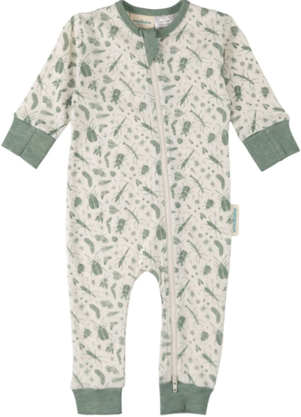 Woolbabe: Merino/Organic Cotton PJ Suit - Sage Bugs (1 Year)