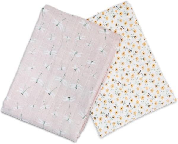 Lulujo: Cotton Swaddles - Vintage Floral & Dragonfly (2 Pack)