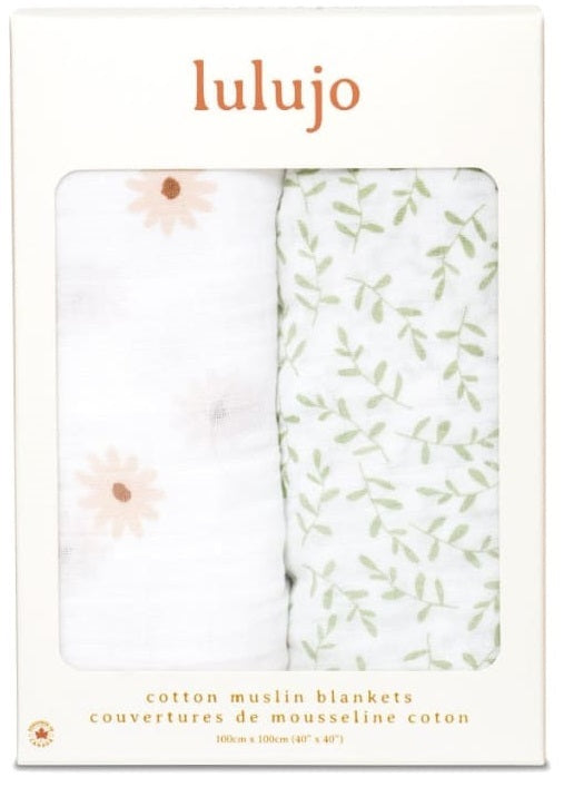 Lulujo: Cotton Swaddles - Daisy & Greenery (2 Pack)